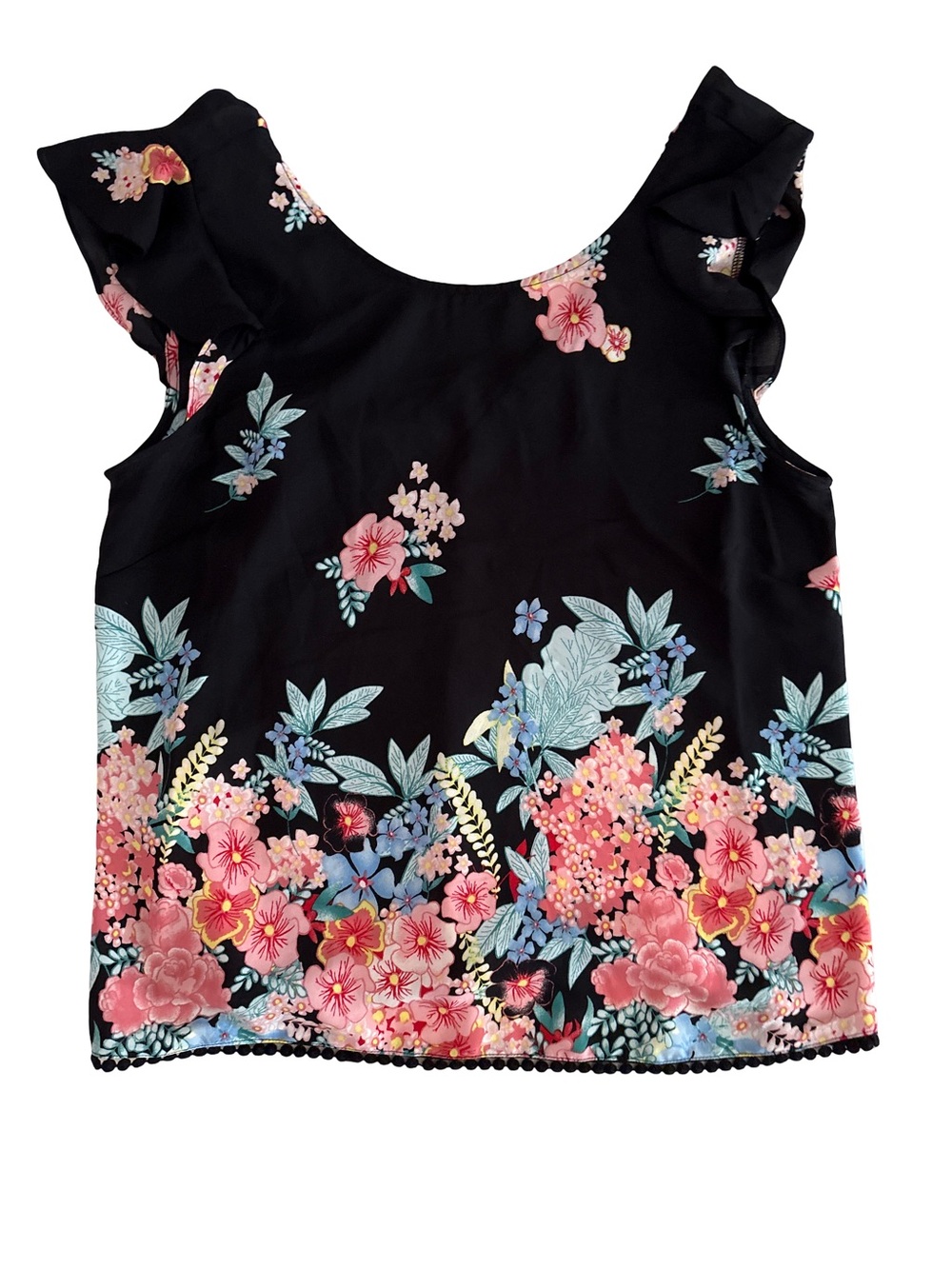Black Floral Ruffle-Sleeve Women's Camisole - Pink Floral Border